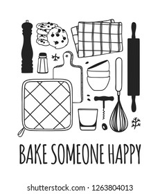 Hand drawn illustration cooking tools, dishes and quote. Creative ink art work. Actual vector drawing. Kitchen set and text BAKE SOMEONE HAPPY