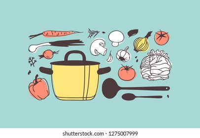Hand drawn illustration cooking tools, dishes and food. Creative ink art work. Actual vector drawing ingredients for soup. Kitchen set