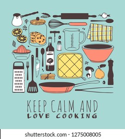 Hand drawn illustration cooking tools, dishes, food and quote. Creative ink art work. Actual vector drawing. Kitchen set and text KEEP CALM AND LOVE COOKING