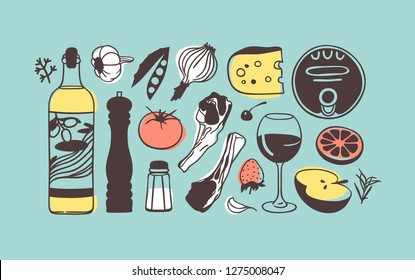 Hand drawn illustration cooking tools, dishes and food. Creative ink art work. Actual vector drawing. Kitchen set of meal