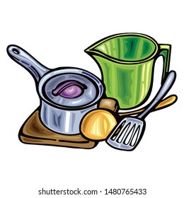 Hand drawn illustration cooking tools and dishes. Creative ink art work. Actual vector drawing. Kitchen set