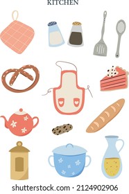 Hand drawn illustration cooking tools and food.Actual vector drawing. Kitchen set