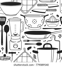 Hand drawn illustration cooking tools. Creative ink art work. Actual vector drawing. Kitchen seamless pattern