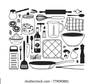 Hand drawn illustration cooking tools. Creative ink art work. Actual vector drawing. Kitchen set