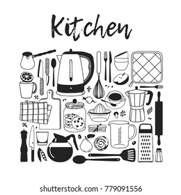 Hand drawn illustration cooking tools and dishes. Creative ink art work. Actual vector drawing. Kitchen set