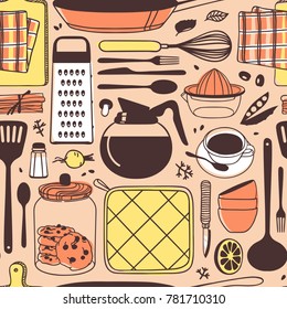 Hand drawn illustration cooking tools. Creative ink art work. Actual vector drawing. Kitchen seamless pattern