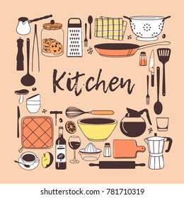 Hand drawn illustration cooking tools and dishes. Creative ink art work. Actual vector drawing. Kitchen set