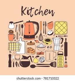 Hand drawn illustration cooking tools and dishes. Creative ink art work. Actual vector drawing. Kitchen set