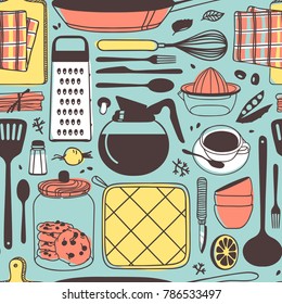Hand drawn illustration cooking tools. Creative ink art work. Actual vector drawing. Kitchen seamless pattern