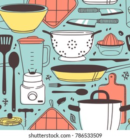 Hand drawn illustration cooking tools. Creative ink art work. Actual vector drawing. Kitchen seamless pattern