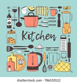 Hand drawn illustration cooking tools and dishes. Creative ink art work. Actual vector drawing. Kitchen set