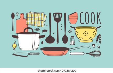 Platos y herramientas de cocina con ilustraciones hechas a mano. Obra de arte de tinta creativa. Dibujo vectorial real. Equipo de cocina