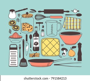 Hand drawn illustration cooking tools. Creative ink art work. Actual vector drawing. Kitchen set