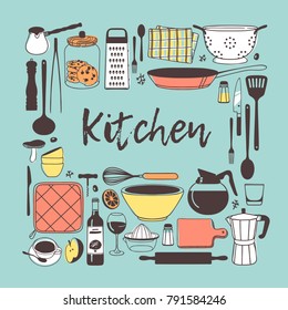 Hand drawn illustration cooking tools and dishes. Creative ink art work. Actual vector drawing. Kitchen set