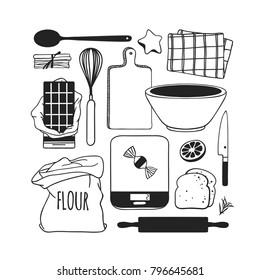 Hand drawn illustration cooking tools, dishes and food. Creative ink art work. Actual vector drawing kitchen set: bowl, flour, chocolate, bread, spoon, rolling pin, scales, whisk