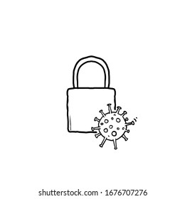 hand drawn illustration corona virus locked and quarantined symbol for lockdown with doodle style