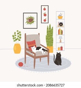 Hand drawn illustration of a cosy room with armchair, plants in pots, decorations, carpet and cats. Flat cute design with cats