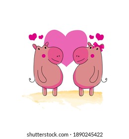 Hand drawn illustration couple animal hippopotamus design vector