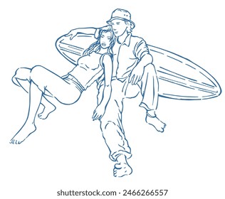 Hand drawn illustration of couple on the beach with surfboard. Art in a laid-back style.