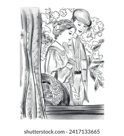 hand drawn illustration of couple in vintage style, design for valentine's day cards