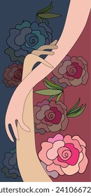 Hand drawn illustration of a couple's hands clasped together on flowers background for decoration