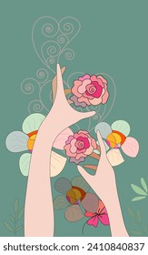 Ilustración dibujada a mano de una pareja que llega a un fondo de flores para la decoración