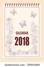 Hand drawn illustration for cover calendar year 2018 with butterfly and flowers. Layout a4 vertical page of spiral calendar year 2018. eps 10.
