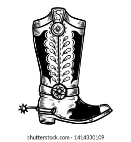 Hand drawn illustration of cowboy boot isolated on white background. Design element for poster, card, banner, t shirt, emblem, sign. Vector illustration