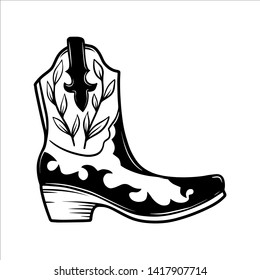 Hand drawn illustration of cowboy boot isolated on white background. Design element for poster, card, banner, t shirt, emblem, sign. Vector illustration