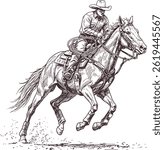 Hand drawn illustration of a cowboy riding a galloping horse at full speed detailed western rodeo artwork dynamic action scene traditional cowboy culture vintage rustic style black and white sketch