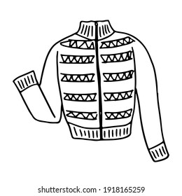 Hand drawn illustration of a cozy knitted sweater with a lock. With patterns. Print for cards, posters, stickers, coloring and seasonal designs. Vector illustration in doodle outline style.