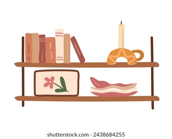 Ilustración dibujada a mano del estante acogedor de la sala de estar con la decoración tal como libros, vela, cuadro y platos