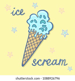 Hand drawn illustration of crazy funny creepy zombie cartoon cone waffle blue ice cream with blue and peach pink stars and lettering ICE SCREAM sticker. Isolated vector on a yellow background.