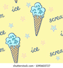 Hand drawn illustration of crazy funny creepy zombie cartoon cone waffle blue ice cream with blue and peach pink stars and lettering ICE SCREAM seamless pattern on a yellow background.