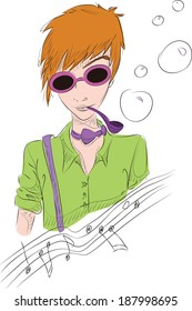 Hand drawn illustration of creative boy in sun glasses and bow-tie with tobacco pipe