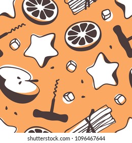 Hand drawn illustration. Creative ink art work. Actual vector seamless pattern. Mulled wine set: wine corkscrew, orange, apple, cinnamon, gingerbead