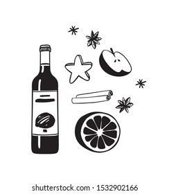 Hand drawn illustration. Creative ink art work. Actual vector drawing. Mulled wine set: bottle, orange, apple, cinnamon, gingerbead, clove