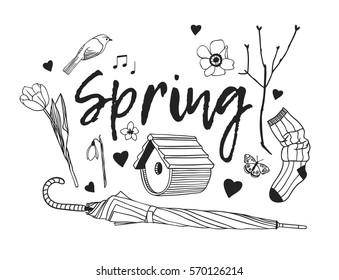 Hand drawn illustration. Creative ink art work. Actual vector drawing. Spring set: nesting box, twig, flower, bird, butterfly, heart, umbrella and sock
