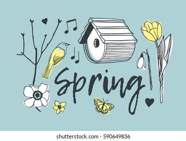 Hand drawn illustration. Creative ink art work. Actual vector drawing. Spring set: nesting box, twig, flower, bird, butterfly, heart