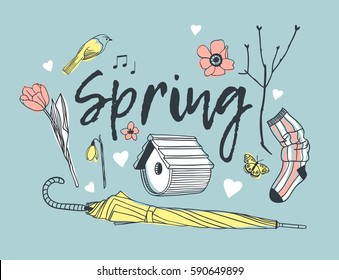 Hand drawn illustration. Creative ink art work. Actual vector drawing. Spring set: nesting box, twig, flower, bird, butterfly, heart, umbrella and sock
