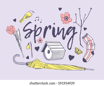 Hand drawn illustration. Creative ink art work. Actual vector drawing. Spring set: nesting box, twig, flower, bird, butterfly, heart, umbrella and sock