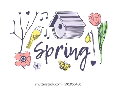 Hand drawn illustration. Creative ink art work. Actual vector drawing. Spring set: nesting box, twig, flower, bird, butterfly, heart