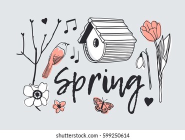 Hand drawn illustration. Creative ink art work. Actual vector drawing. Spring set: nesting box, twig, flower, bird, butterfly, heart
