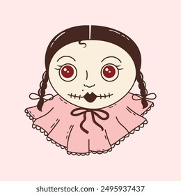 Hand drawn illustration of creepy victorian doll. Vintage toy halloween decoration. Gothic girl character. Vector clipart