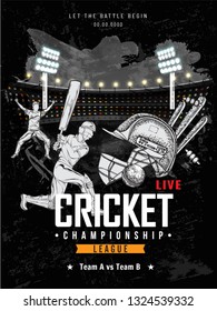 Hand drawn illustration of cricket batsman in playing action on night stadium view background for Cricket Championship League.