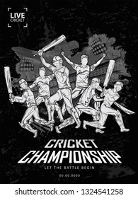 Hand drawn illustration of cricket players in different playing action on black background for Cricket Championship template or poster design.