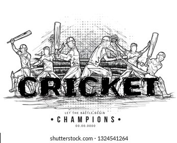 Hand drawn illustration of cricket players in playing action for Cricket Championship banner or poster design.