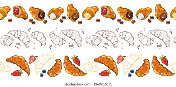 Hand drawn illustration of croissants, berry and chocolate. Vector seamless horizontal pattern background isolated on white. Croissant badge bakery for design menu cafe, label and packaging.