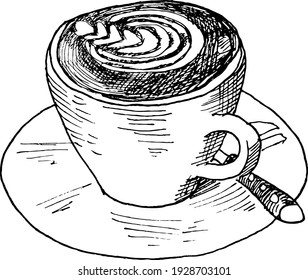 Hand drawn illustration of cup with latte coffee with a spoon on a plate using line drawing