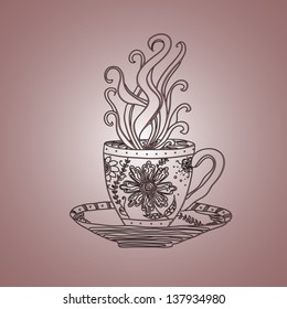 Hand drawn illustration of cup of tea or coffee on the saucer